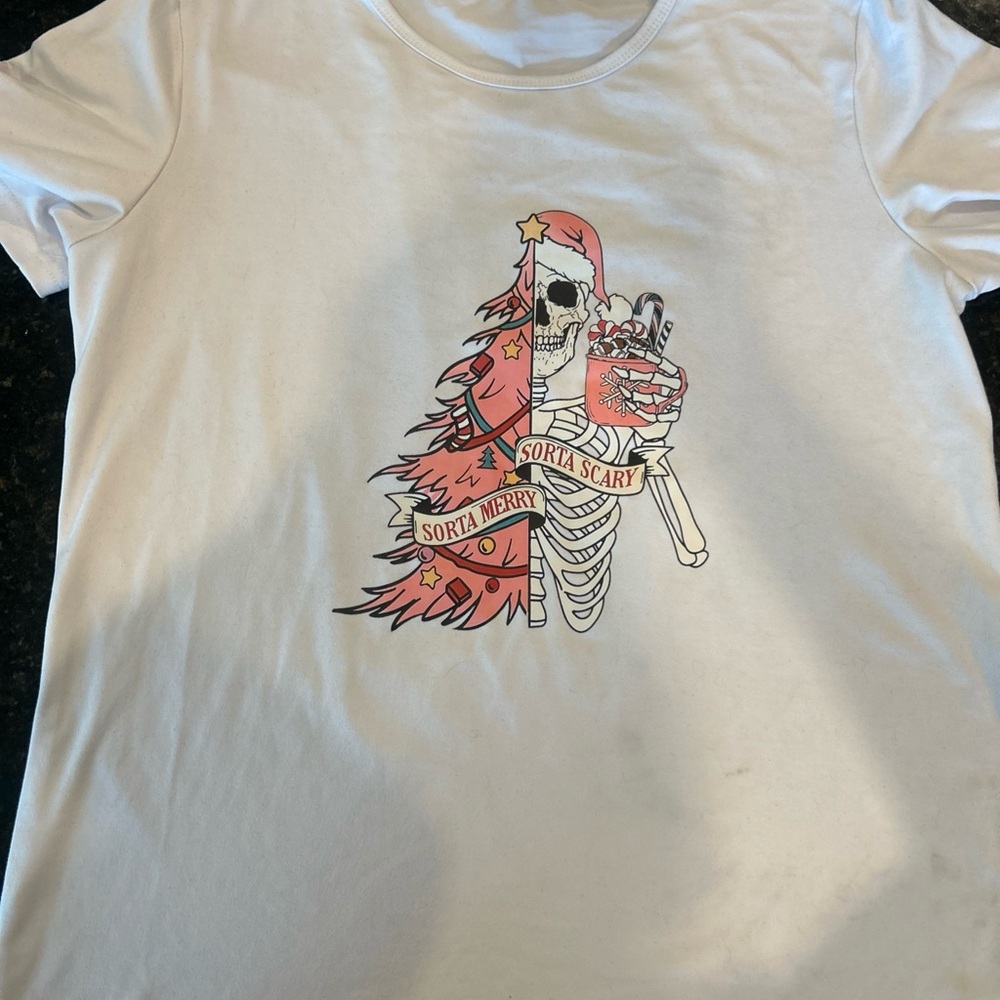 White Graphic Tee with Skeleton Design